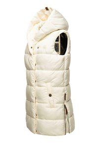 Gilet rembourré crème avec capuche, design sans manches, fermeture à boutons pression à l'avant, poches latérales et texture matelassée. Accentuée par des accessoires en métal marron.