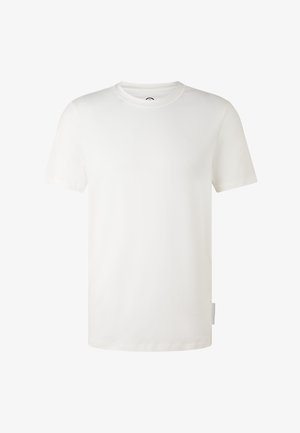 Effen wit T-shirt met korte mouwen en ronde hals, met een klein, subtiel reliëflogo op de linkerborst en een stoffen label aan de rechterzijde.