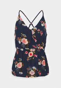 Top floral azul marinho com alças finas ajustáveis, apresentando padrões de flores multicoloridas, design envolvente e cintura franzida.