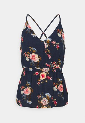 Top floral azul marinho com alças finas ajustáveis, apresentando padrões de flores multicoloridas, design envolvente e cintura franzida.