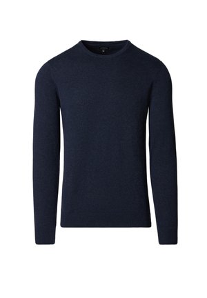 Granatowy dziergany sweter z okrągłym dekoltem, długimi rękawami, ściągaczami na mankietach i na dole. Wykonany z miękkiego materiału o gładkiej fakturze.