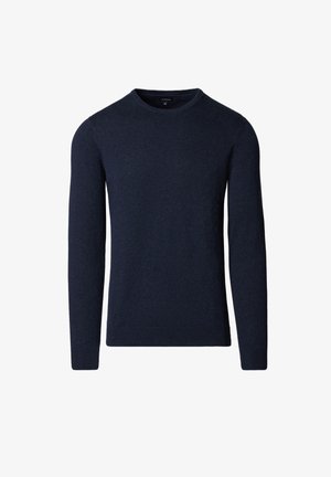 Granatowy dziergany sweter z okrągłym dekoltem, długimi rękawami, ściągaczami na mankietach i na dole. Wykonany z miękkiego materiału o gładkiej fakturze.