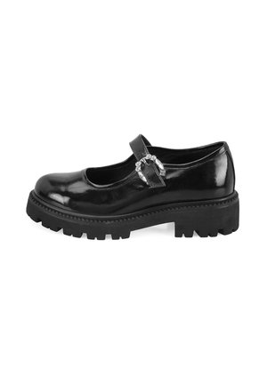 Zwarte gepatineerde leren Mary Jane-schoen met een ronde neus, verstelbare band en een decoratieve gesp, uitgerust met een dikke rubberen zool met grip.