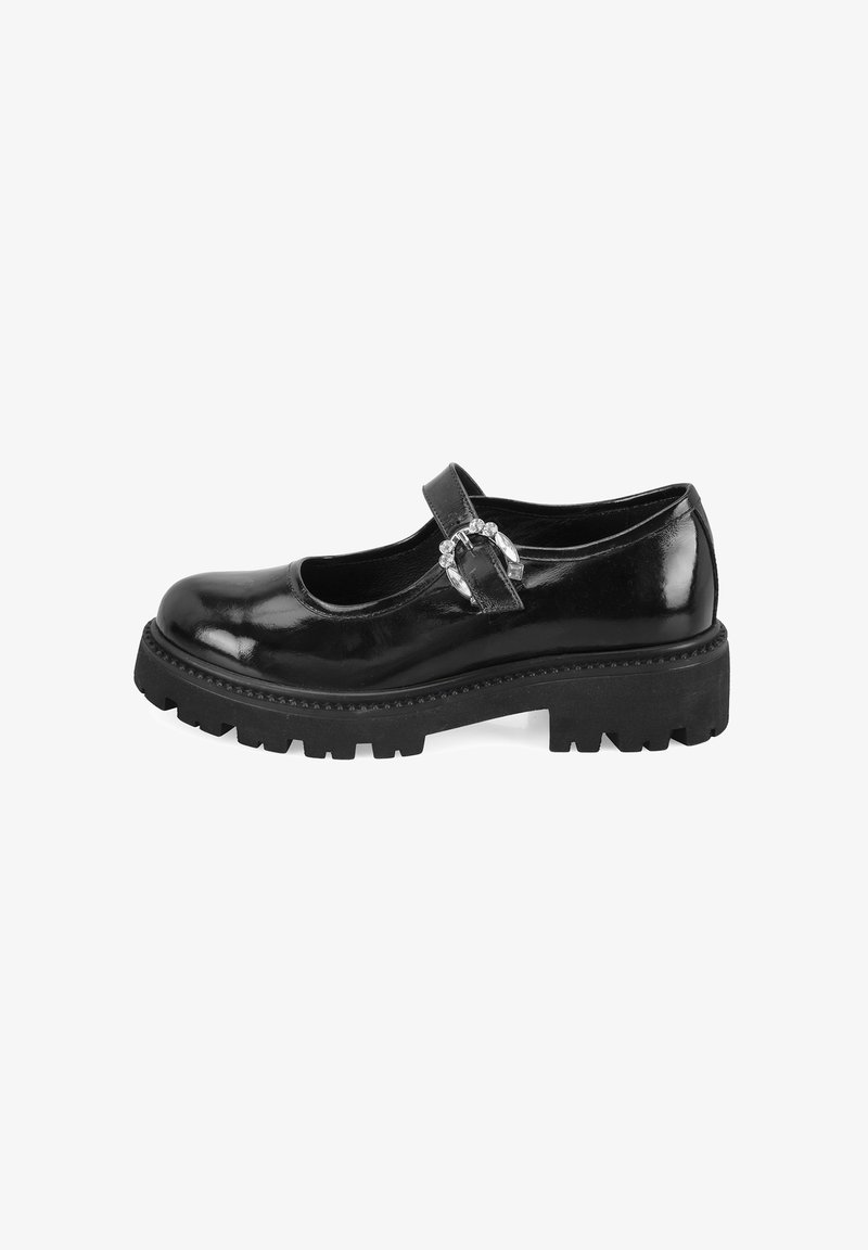 Zwarte gepatineerde leren Mary Jane-schoen met een ronde neus, verstelbare band en een decoratieve gesp, uitgerust met een dikke rubberen zool met grip.