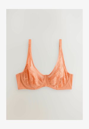 Pfirsichfarbener BH mit transparenten Spitzen-Cups, die florale Muster aufweisen, verstellbaren Trägern und einem weichen Stoffband. Strukturierter, aber zarter Entwurf.