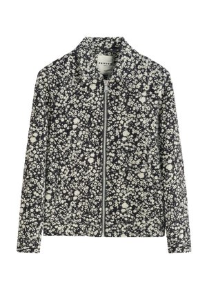 Veste zippée à imprimé floral noir et blanc avec manches longues et col montant, étiquetée Frillivin Parisian, étalée à plat sur fond blanc.