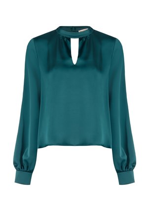 Blusa in satin turchese con scollatura rotonda, dettaglio a chiave e maniche lunghe a sbuffo. Texture liscia con polsini aderenti e orlo corto.