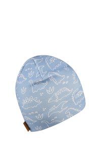 Blue beanie made of soft fabric showcasing white dinosaur patterns and leaf motifs. Features a stitched design and a small brown label.