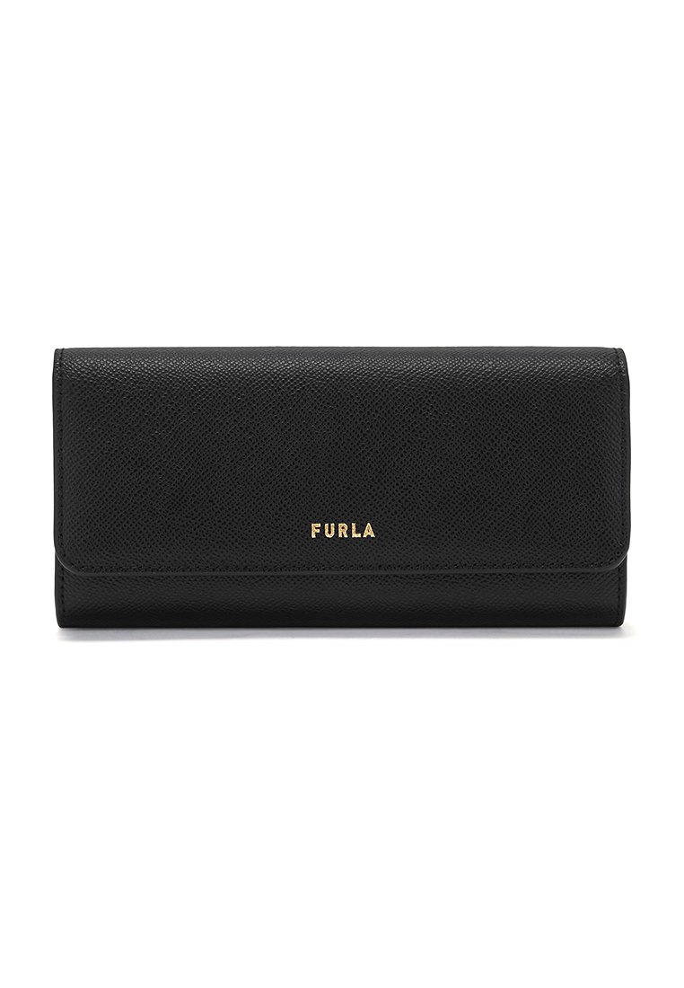 Zwarte leren portemonnee met een textuurafwerking, met een gouden logo "FURLA" in het midden op de voorkant. Compacte, rechthoekige vorm.