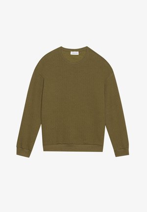 Olivově zelený svetr s dlouhým rukávem a texturovaným herringbone vzorem, kulatým výstřihem a žebrovanými manžetami a lemem. Jednoduchý, volný střih.