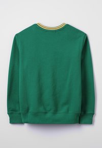 Grön sweatshirt med rund halsringning och gula randiga accenter vid kragen. Mjuk, texturerad tyg, ribbade ärmslut och nederkant.