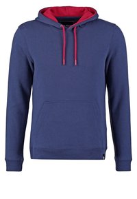 Felpa con cappuccio blu navy, con rivestimento interno rosso, coulisse e tasca a marsupio frontale. Realizzata in morbido materiale misto cotone.