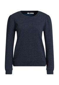 Marinblå långärmad sweatshirt med en strukturerad design, rund halsringning och ribbad mudd och nederkant. Tillverkad av ett mjukt material.