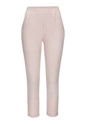 Light pink ribbed pants with a stretchy waistband and a fitted silhouette, designed for comfort, featuring a smooth texture and ankle length.