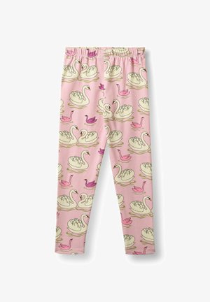 Leggings avec un fond rose pastel orné d'un motif de cygnes blancs et d'oiseaux roses, faits d'un tissu doux et extensible. Taille élastique.