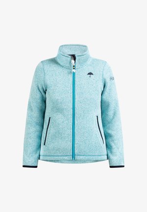 Gaiši zilas flīsa jaka ar augstu apkakli, pilnu rāvējslēdzēju un divām sānu kabatām. Uz krūtīm ir neliels melns lietussarga logo.