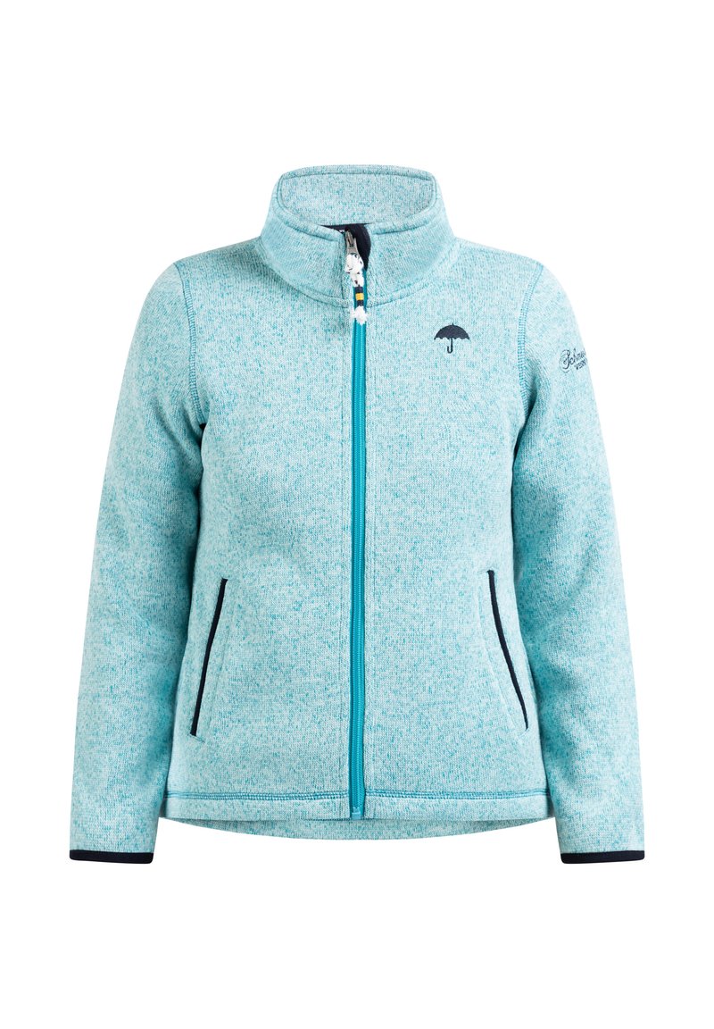Ljusblå fleecejacka med hög krage, hel dragkedja och två sidofickor. Har en liten svart paraplylogga på bröstet.