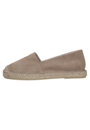 Tan suede espadrille with a round toe, jute rope sole, and a plain design. The upper has a smooth texture and minimal stitching details.