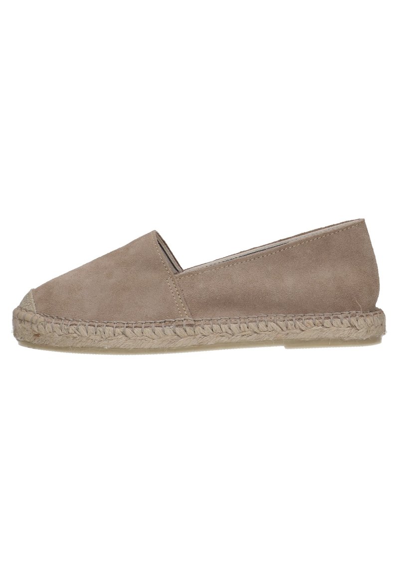 Tan suede espadrille with a round toe, jute rope sole, and a plain design. The upper has a smooth texture and minimal stitching details.