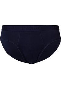 Slip da uomo blu navy realizzati in morbido tessuto con design senza cuciture, dotati di una vita testurizzata embossata con la dicitura "HANRO."