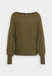Khaki ribbed sweater with a boat neckline, wide sleeves, and fitted cuffs. Made from soft material, featuring a textured surface.