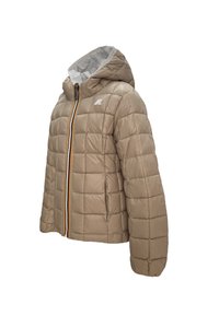 Giacca imbottita beige con design trapuntato, cappuccio e chiusura con zip. Presenta dettagli arancioni e un logo sulla parte superiore sinistra del petto.