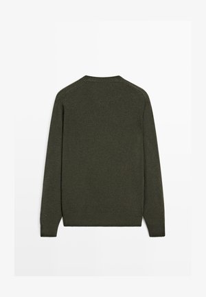 Olive green knit sweater with long sleeves, crew neckline, and ribbed cuffs and hem. Made of soft texture, featuring minimal seams.