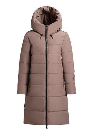 Braune Daunenjacke mit großer Kapuze, ausgestattet mit einem Frontreißverschluss, seitlichen Reißverschlusstaschen und einem gesteppten Design. Glatte Textur und mittellange Schnitt.