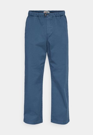 Chino pants in dark blue cotton. Features elastic waistband, straight legs, and a smooth texture. No visible patterns or embellishments.