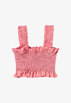 Ροζ φαρδύ μπλουζάκι crop top με πλισέ τιράντες, διαθέτοντας υφή, σμίξεινο ύφασμα και φρουφρού στα άκρα για πρόσθετη λεπτομέρεια.