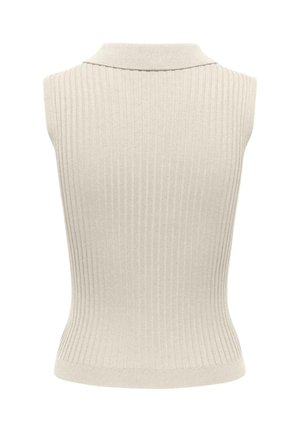 Top beige senza maniche in maglia a coste con colletto alto e vita aderente, esposto su sfondo bianco.