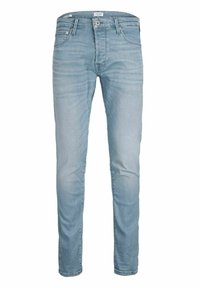 Jeans ajustados de denim en color azul claro. Cuentan con un cierre de botón y cremallera, cinco bolsillos y un sutil desgastado para aportar textura y detalle.