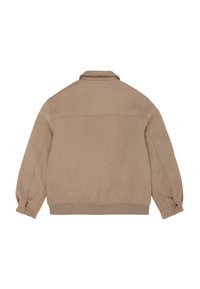 Beige ulljacka med krage, ribbad nederkant och knäppta ärmslut. Slät textur med en enkelt, minimalistisk design.