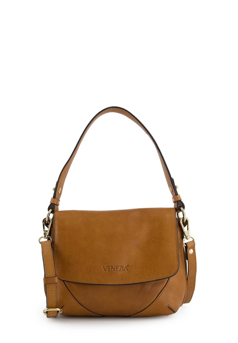 Tan leather handbag with a structured shape, featuring a fold-over flap, adjustable shoulder strap, and gold-tone hardware accents.