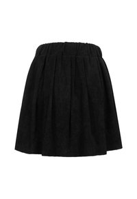 Falda negra de pana con cintura elástica fruncida, diseño plisado y superficie texturizada. Sin bolsillos ni detalles visibles de herrajes.