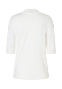 Biała, krótko rękawowa bluzka dzianinowa z okrągłym dekoltem, cechująca się gładką fakturą i prążkowanym wykończeniem przy dekolcie i rękawach.
