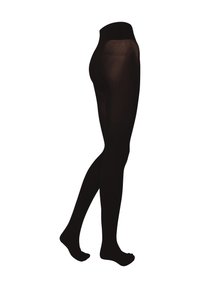 Schwarze blickdichte Strumpfhosen mit glatter Textur, hohem Bund und Fußdesign, das eine schlanke, figurbetonte Silhouette präsentiert.