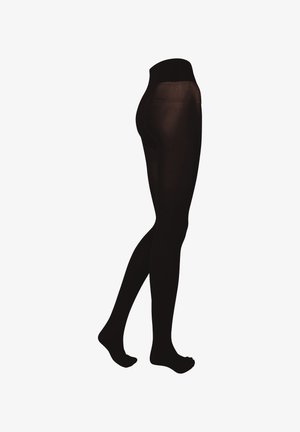 Collants opaques noirs avec une texture lisse, une taille haute et un design avec pieds, mettant en valeur une silhouette élégante et près du corps.