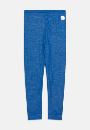 Leggings albastre dintr-un material moale, texturat, cu un finisaj neted. Au o talie elastică și un logo circular pe partea superioară.