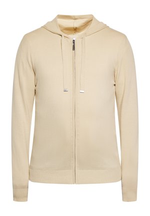 Beige hoodie met ritssluiting, koordjes, lange mouwen en geribbelde boorden en zoom, getoond op een witte achtergrond.