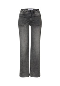 Jean en denim gris à jambes larges, présentant un design classique à cinq poches, une fermeture par bouton et une texture légèrement délavée pour un look décontracté.