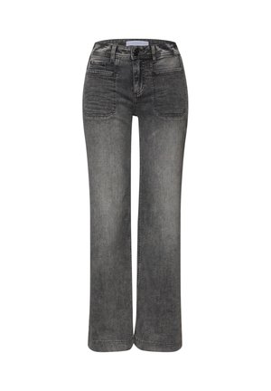 Jeans in denim grigio a gamba larga con un classico design a cinque tasche, chiusura con bottone e una leggera sfumatura per un look casual.