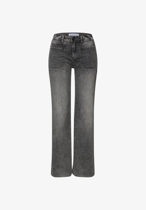 Wide-leg gray denim jeans featuring a classic five-pocket design, button closure, and a slightly faded texture for a casual look.