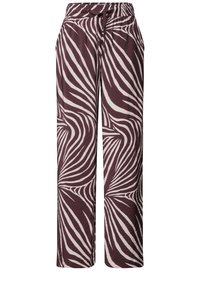 Pantalon à jambes larges avec motif rayures zèbre marron et beige, taille élastique et fermeture à cordon à l'avant.