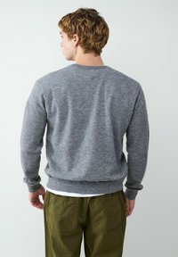 Grauer Strickpullover mit Rundhalsausschnitt und geripptem Saum, mit langen Ärmeln und strukturiertem Rücken, kombiniert mit olivgrünen Hosen.