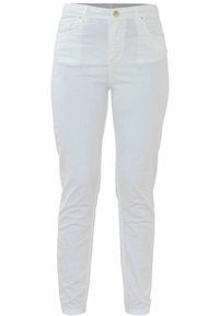 Jeans skinny bianchi in cotone con una texture liscia, chiusura con bottone e quattro tasche. Il design presenta una gamba affusolata e cuciture minime.