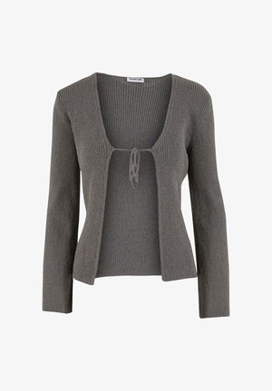 Hall griibuline kardigan V-kaelusega ja lipsuga suletud esiosas, millel on pikad varrukad ja sobiv disain.