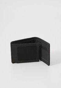 Black wallet made of smooth material, with a textured card slot, zippered pocket, and embossed logo detail. Compact and bifold design.