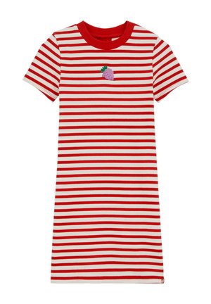 Crvena i bijela haljina kratkih rukava s horizontalnim prugama, rebraste teksture i malim ljubičastim vezom grozdova grožđa na prsima.