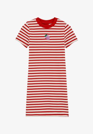 Punase ja valge horisontaalse triibuga lühikeste varrukatega kleit, millel on sooniline tekstuur ja väikese lilla viinamarjakobara tikand rinnal.